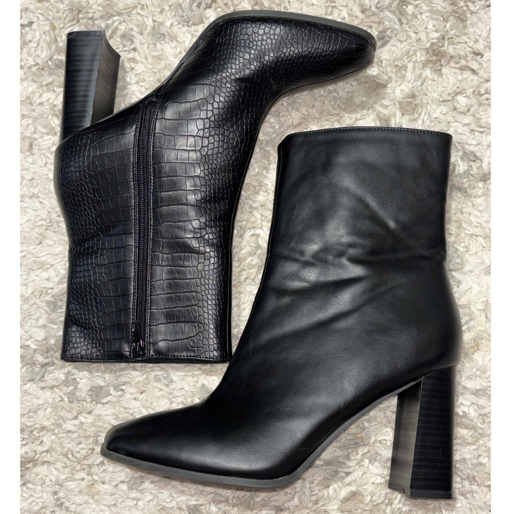 Black‎ Faux leather Croc Block Heel Ankle Boots Square Toe Side Zip Size 10 new